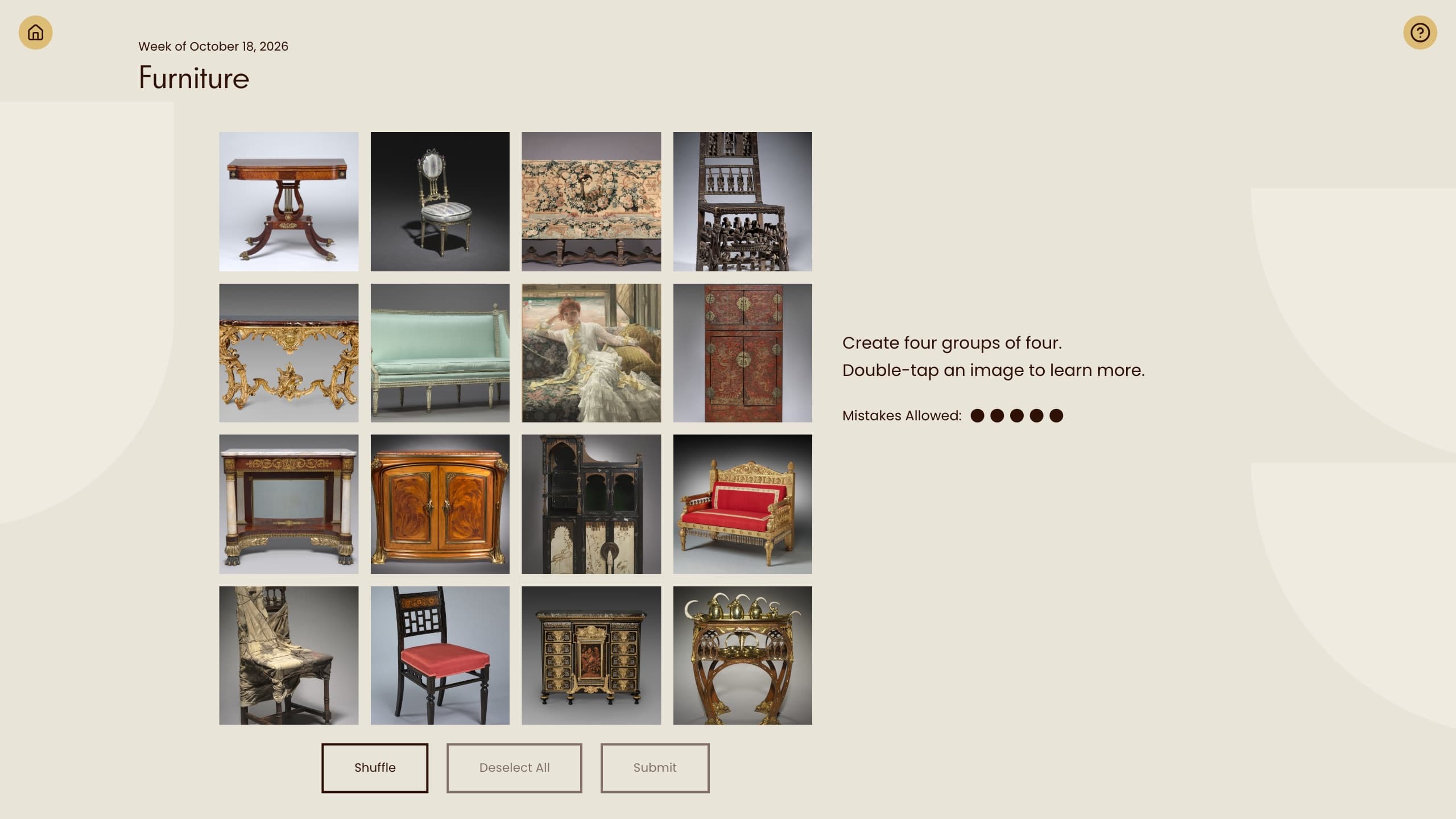 Collections puzzle in progress: a four-by-four grid of furniture artworks to sort into four groups of four, with a mistakes-allowed counter