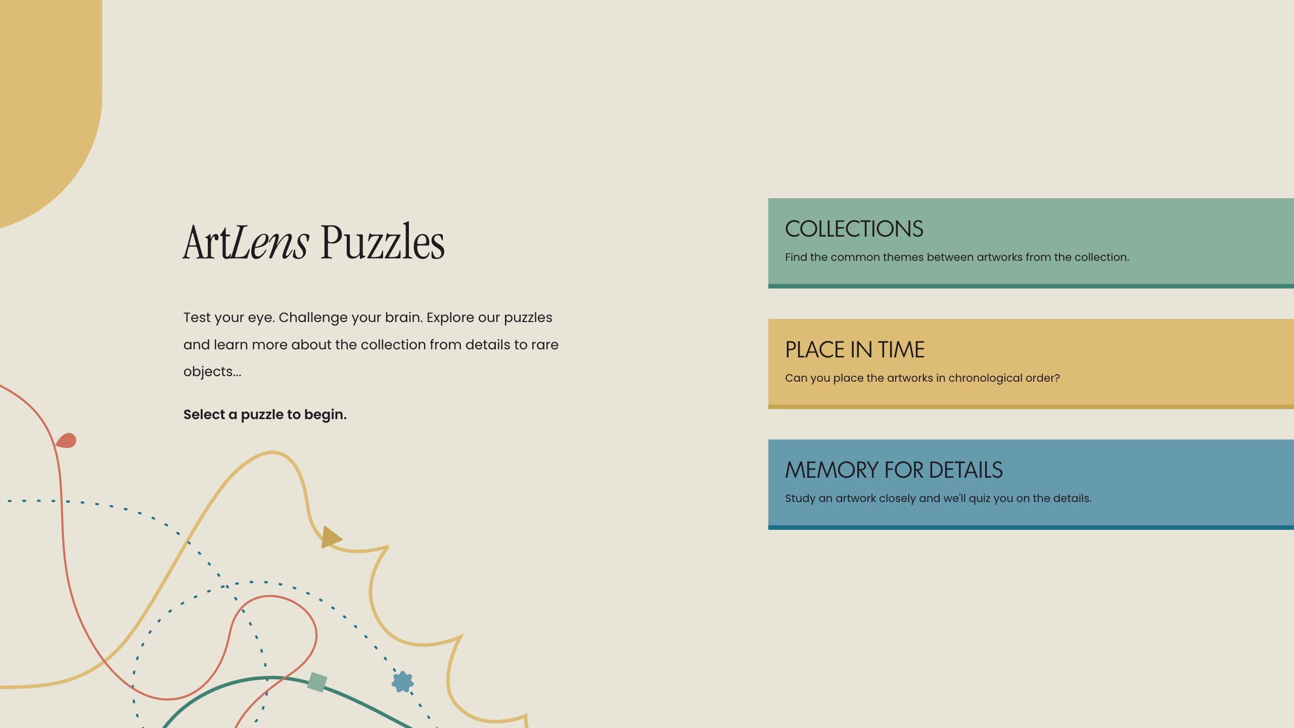 ArtLens Puzzles start screen, offering three puzzles: Collections, Place in Time, and Memory for Details