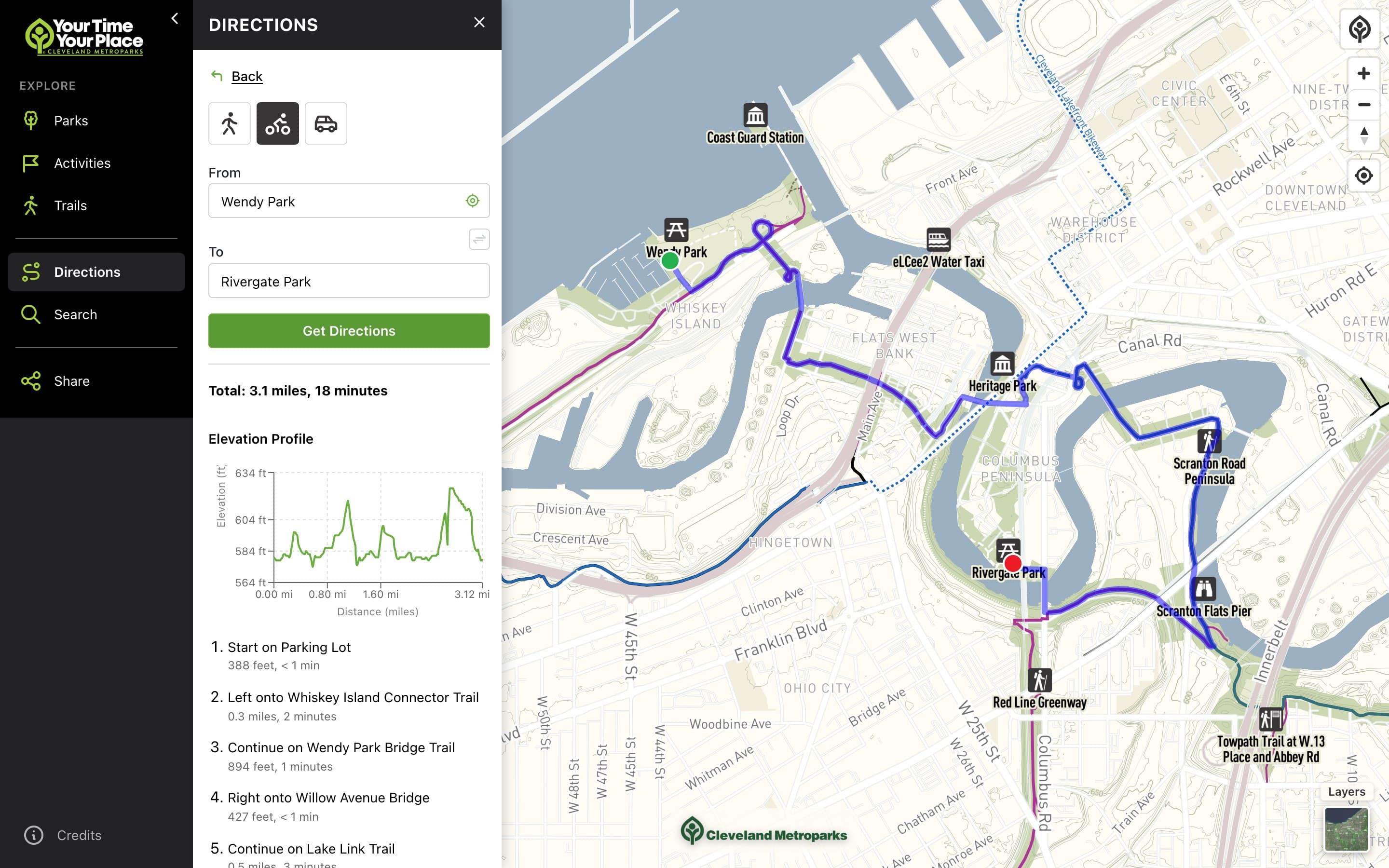 Bike directions from Wendy Park to Rivergate Park, with total distance, an elevation profile, and turn-by-turn steps beside the route on the map